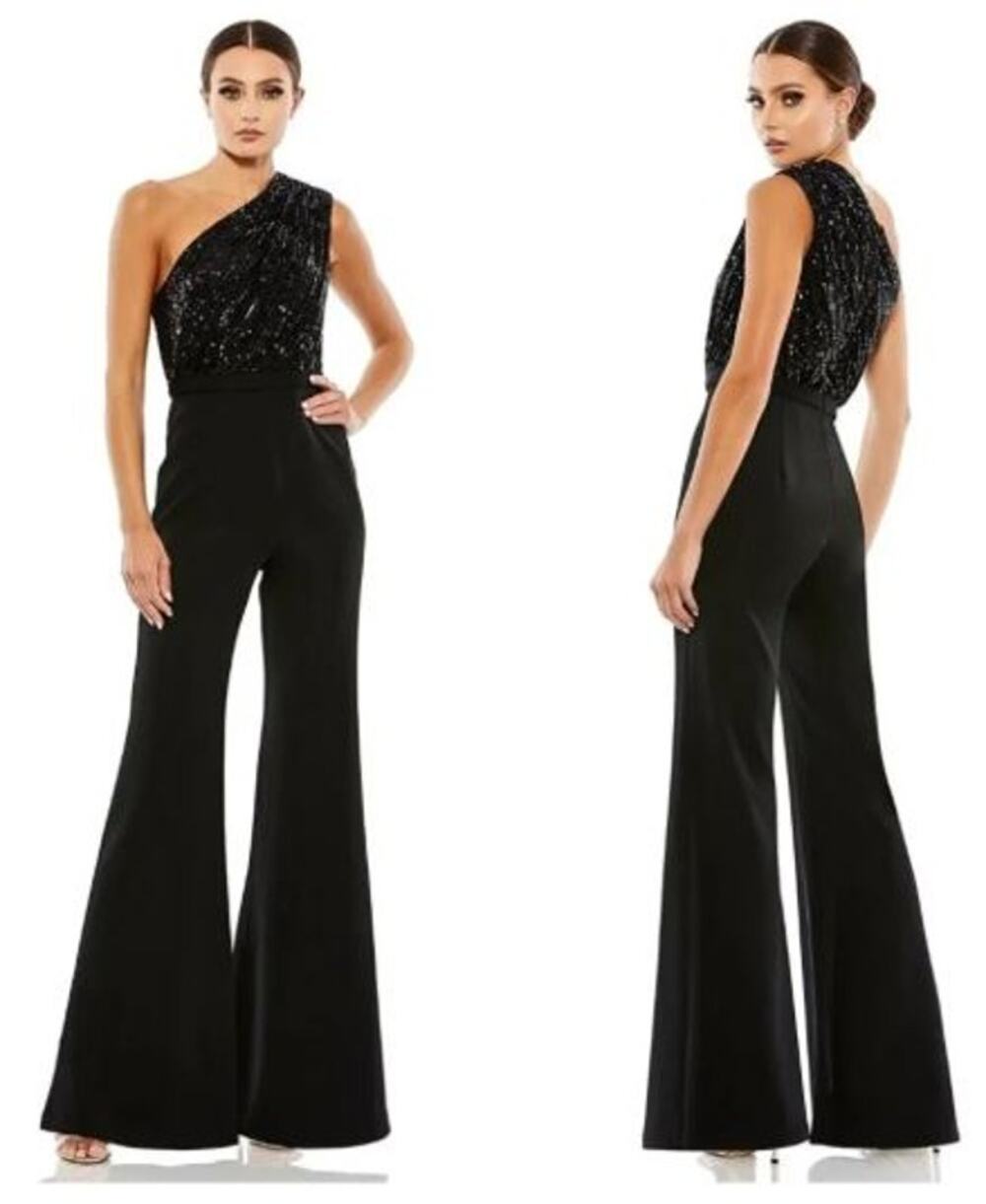 NWT 4 Ieena for Mac Duggal Black Sequin One Shoulder Wide Leg Jumpsuit $498 prom